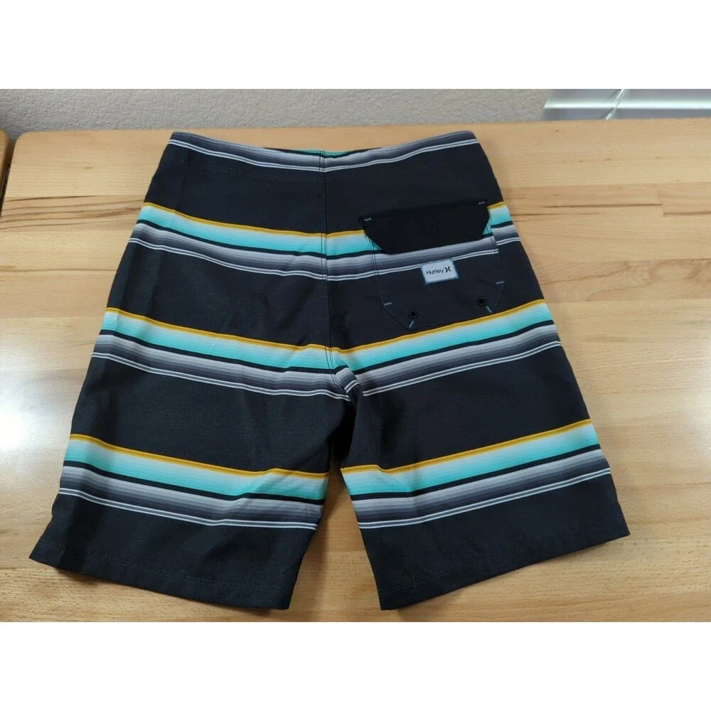 Hurley Mens Board Shorts Size 30 Swim Trunks Black Green Gold Stripe Pocket
